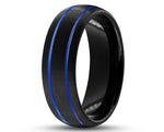 Black Tungsten Ring With Black Inlay - Brushed With Dual Blue Stripes | 8mm
