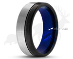 Silver and Black Tungsten Ring With Blue Inlay - Black Stripe | 8mm