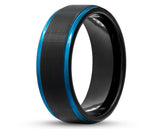 Black Tungsten Ring With Black Inlay - Blue Stepped Gloss Edges | 8mm
