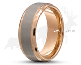 Silver Tungsten Ring With Rose Gold Inlay - Rose Gold Stepped Edges | 8mm