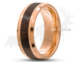Rose Gold Tungsten Ring With Koa Wood Stripe - Bevelled Edges | 8mm