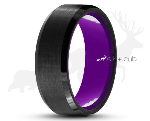 Synthetic Amethyst Ring Black Stainless Steel Purple Wedding Band Mens  Womens | eBay