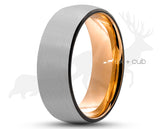 Silver Tungsten Ring With Rose Gold Inlay - Curved Brushed Finish | 8mm