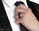 Man In Suit Wearing Tungsten Ring by Elk and Cub